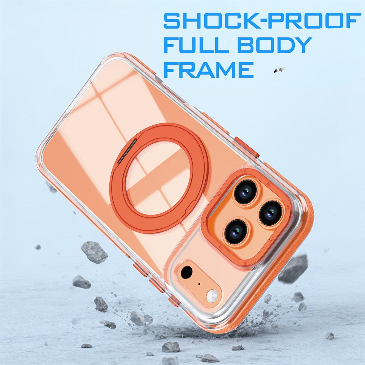 For iPhone 17 Pro Max Dual Color Clear 360 Degree Rotation Holder Magnetic Phone Case - Orange - EDA009691602B