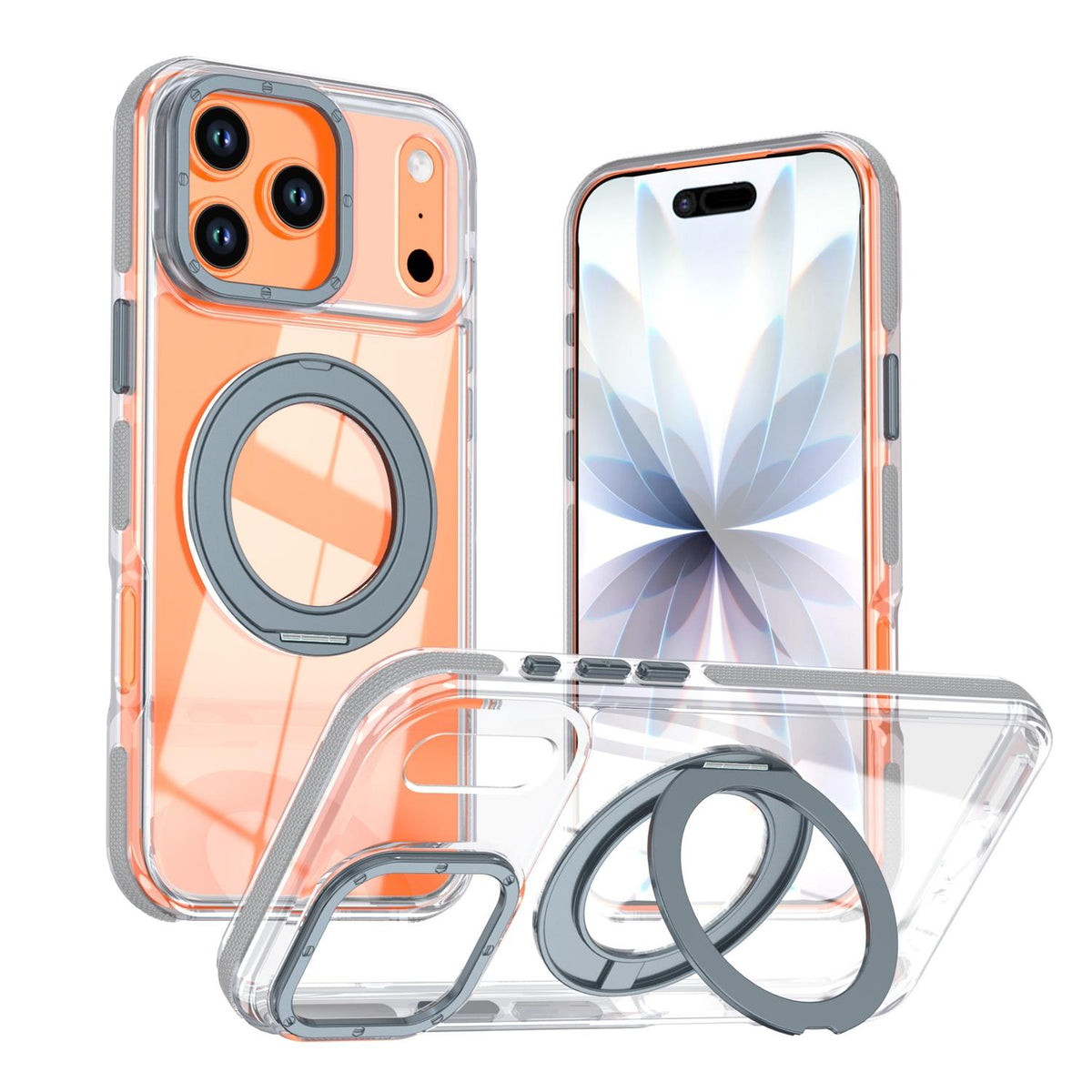 For iPhone 17 Pro Max Dual Color Clear 360 Degree Rotation Holder Magnetic Phone Case - Grey - EDA009691602D