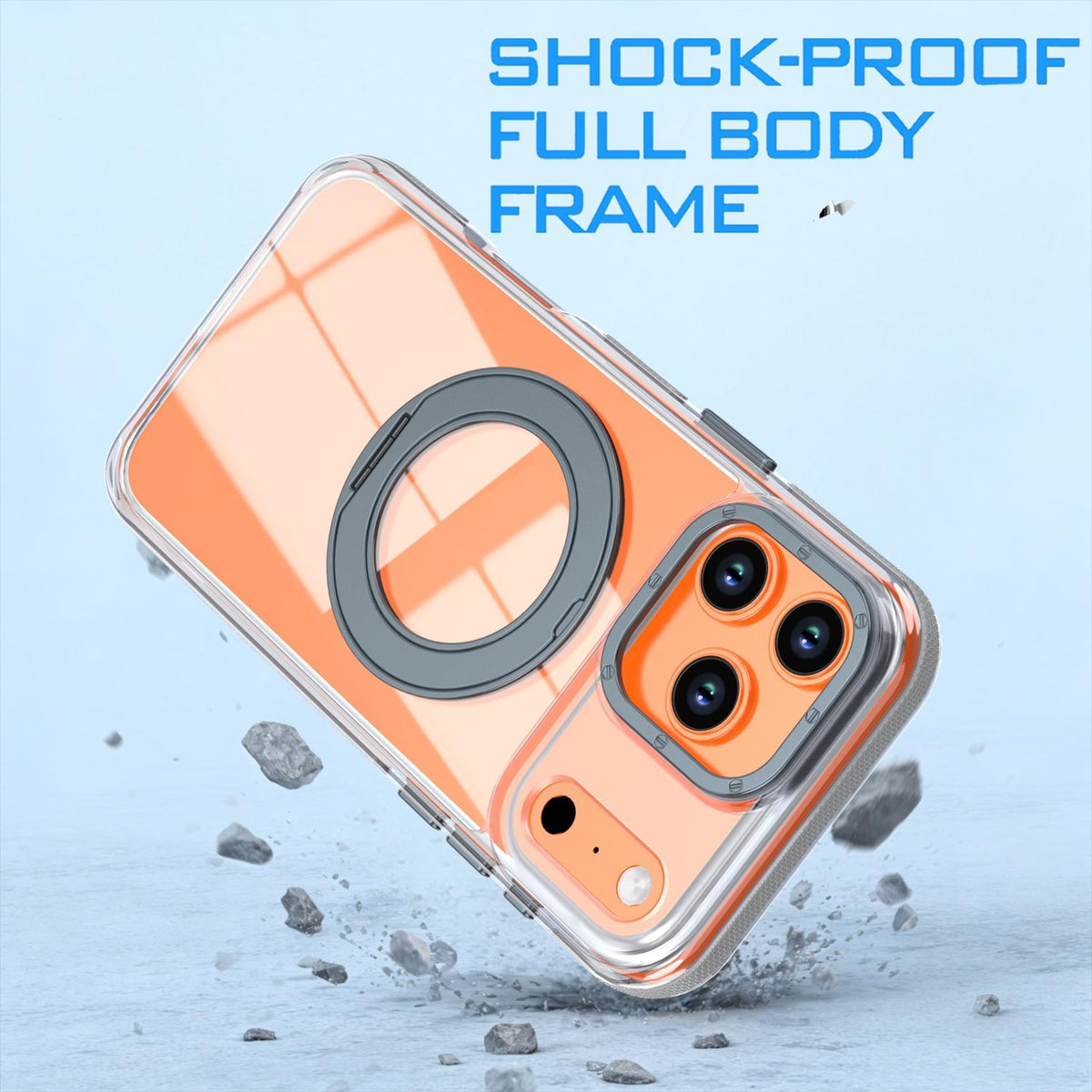 For iPhone 17 Pro Max Dual Color Clear 360 Degree Rotation Holder Magnetic Phone Case - Grey - EDA009691602D