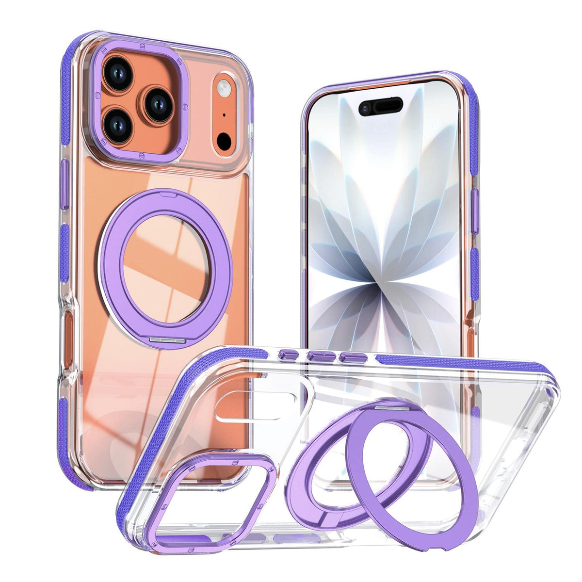For iPhone 17 Pro Max Dual Color Clear 360 Degree Rotation Holder Magnetic Phone Case - Purple - EDA009691602E