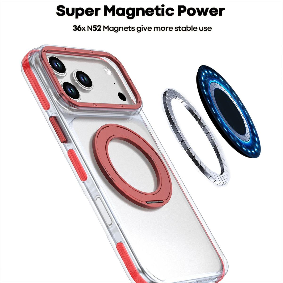 For iPhone 17 Pro Max Dual Color Clear 360 Degree Rotation Holder Magnetic Phone Case - Red - EDA009691602F