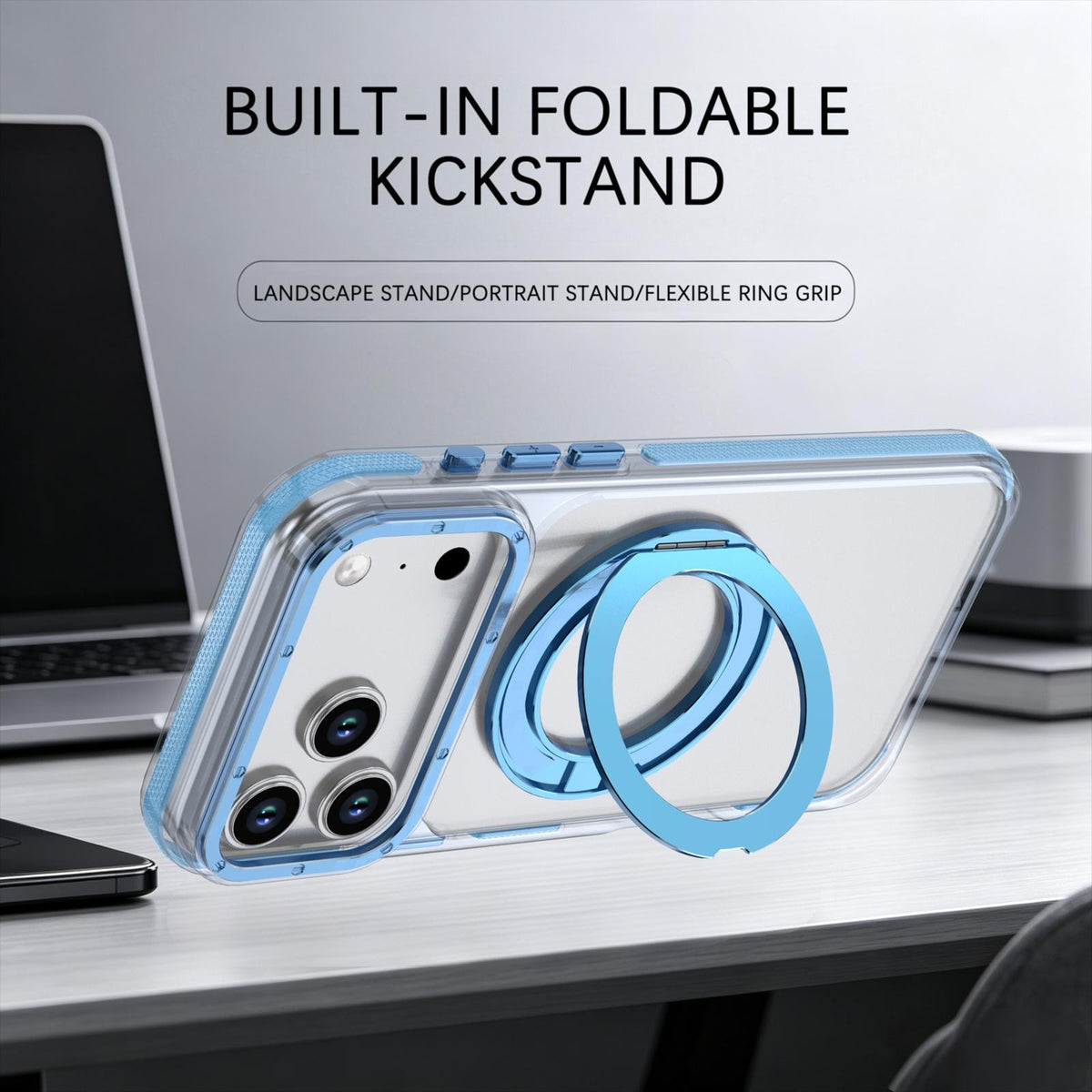 For iPhone 17 Pro Max Dual Color Clear 360 Degree Rotation Holder Magnetic Phone Case - Sky Blue - EDA009691602H
