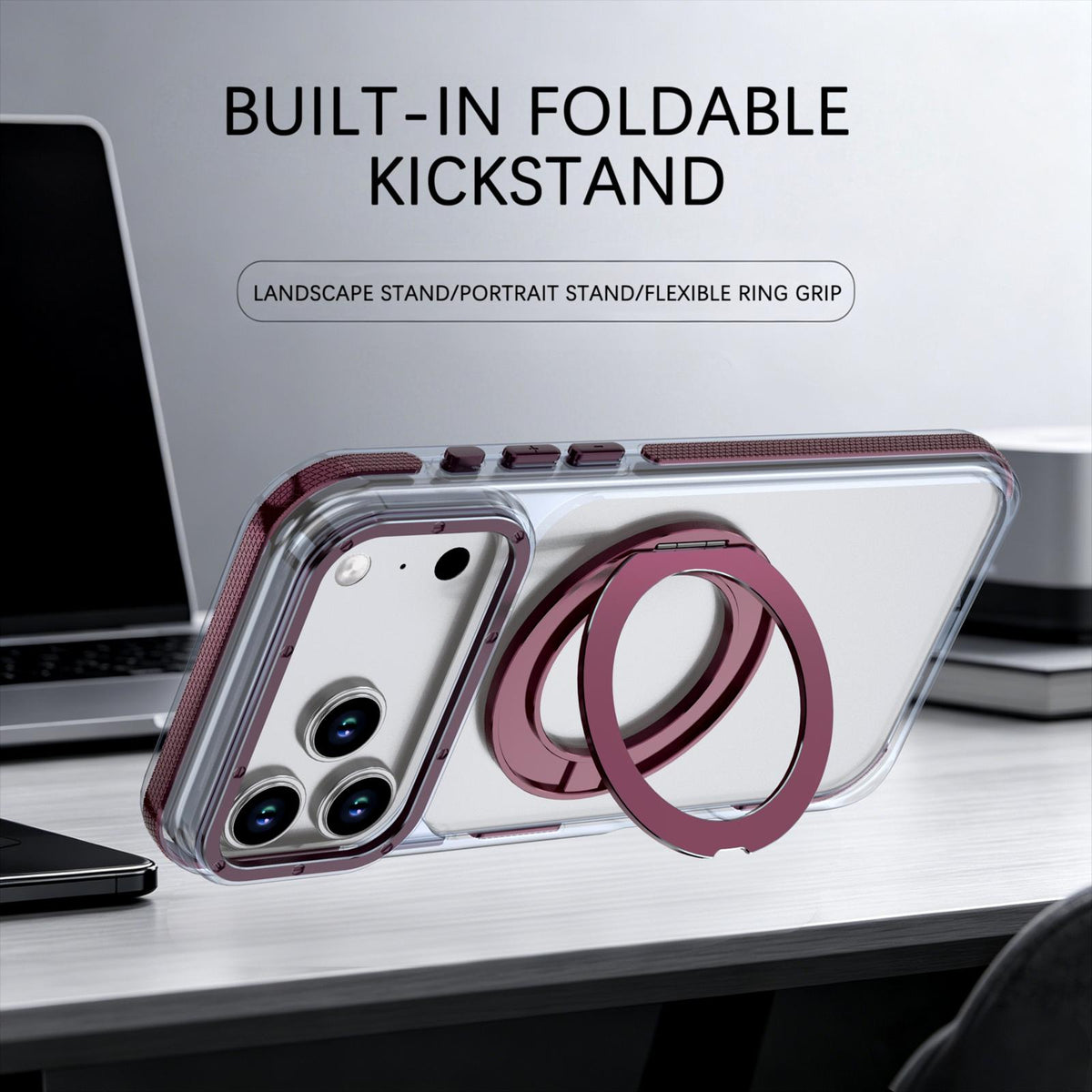 For iPhone 17 Pro Max Dual Color Clear 360 Degree Rotation Holder Magnetic Phone Case - Cherry Red - EDA009691602I