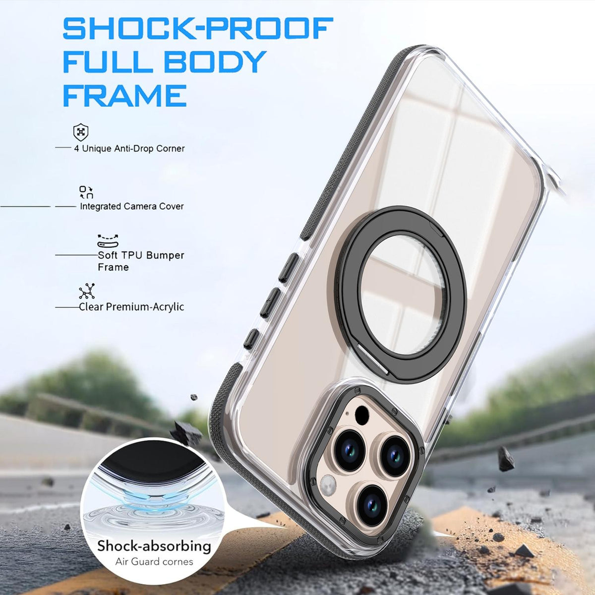 For iPhone 16 Pro Max Dual Color Clear 360 Degree Rotation Holder Magnetic Phone Case - Black - EDA009691605C