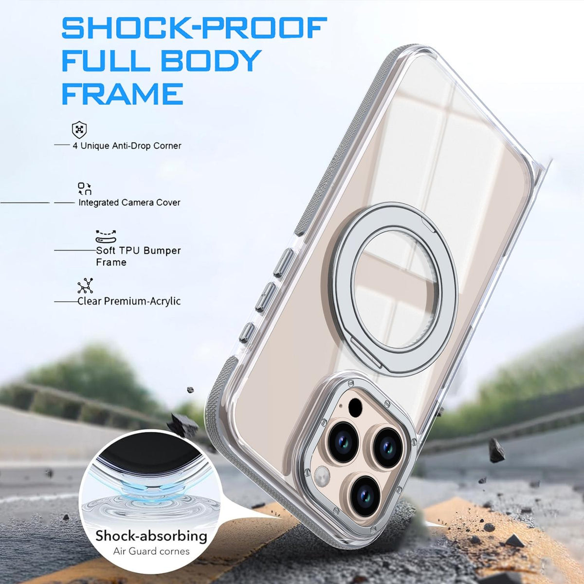 For iPhone 16 Pro Max Dual Color Clear 360 Degree Rotation Holder Magnetic Phone Case - Grey - EDA009691605D