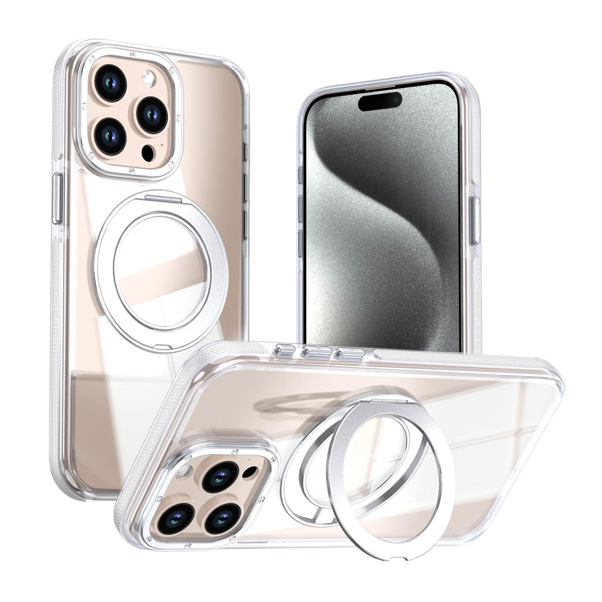 For iPhone 15 Pro Max Dual Color Clear 360 Degree Rotation Holder Magnetic Phone Case - White - EDA009691609A