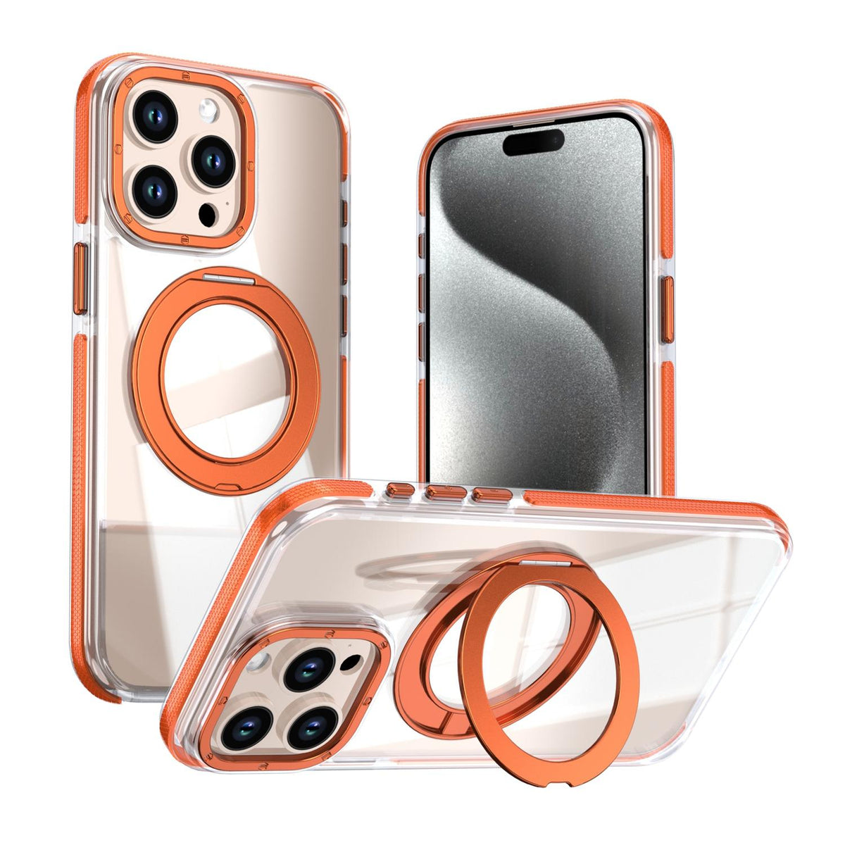 For iPhone 15 Pro Max Dual Color Clear 360 Degree Rotation Holder Magnetic Phone Case - Orange - EDA009691609B
