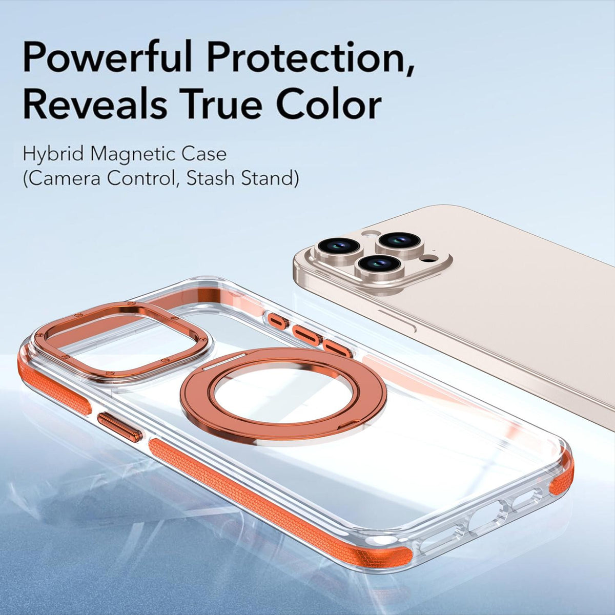 For iPhone 15 Pro Max Dual Color Clear 360 Degree Rotation Holder Magnetic Phone Case - Orange - EDA009691609B
