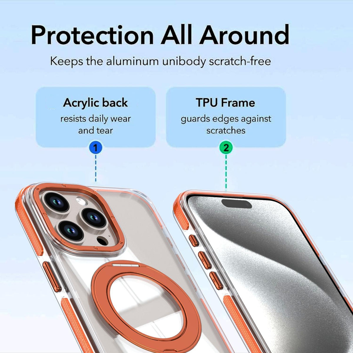 For iPhone 15 Pro Max Dual Color Clear 360 Degree Rotation Holder Magnetic Phone Case - Orange - EDA009691609B