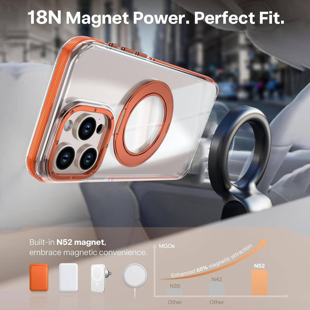 For iPhone 15 Pro Max Dual Color Clear 360 Degree Rotation Holder Magnetic Phone Case - Orange - EDA009691609B