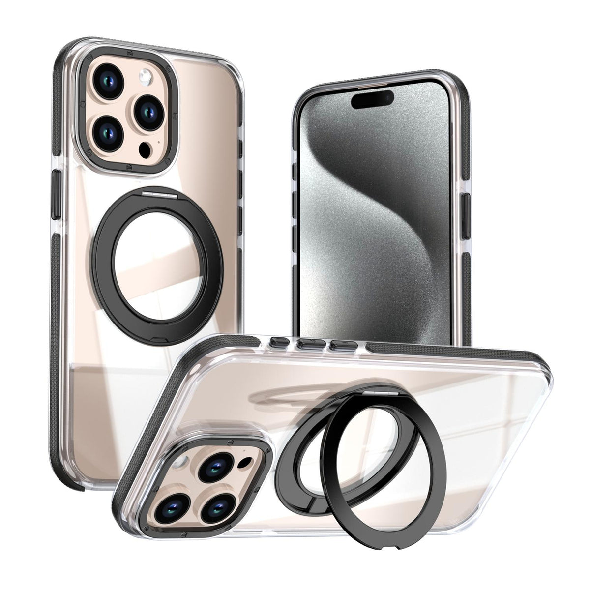 For iPhone 15 Pro Max Dual Color Clear 360 Degree Rotation Holder Magnetic Phone Case - Black - EDA009691609C