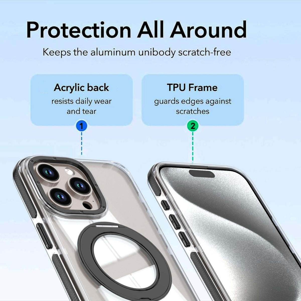 For iPhone 15 Pro Max Dual Color Clear 360 Degree Rotation Holder Magnetic Phone Case - Black - EDA009691609C