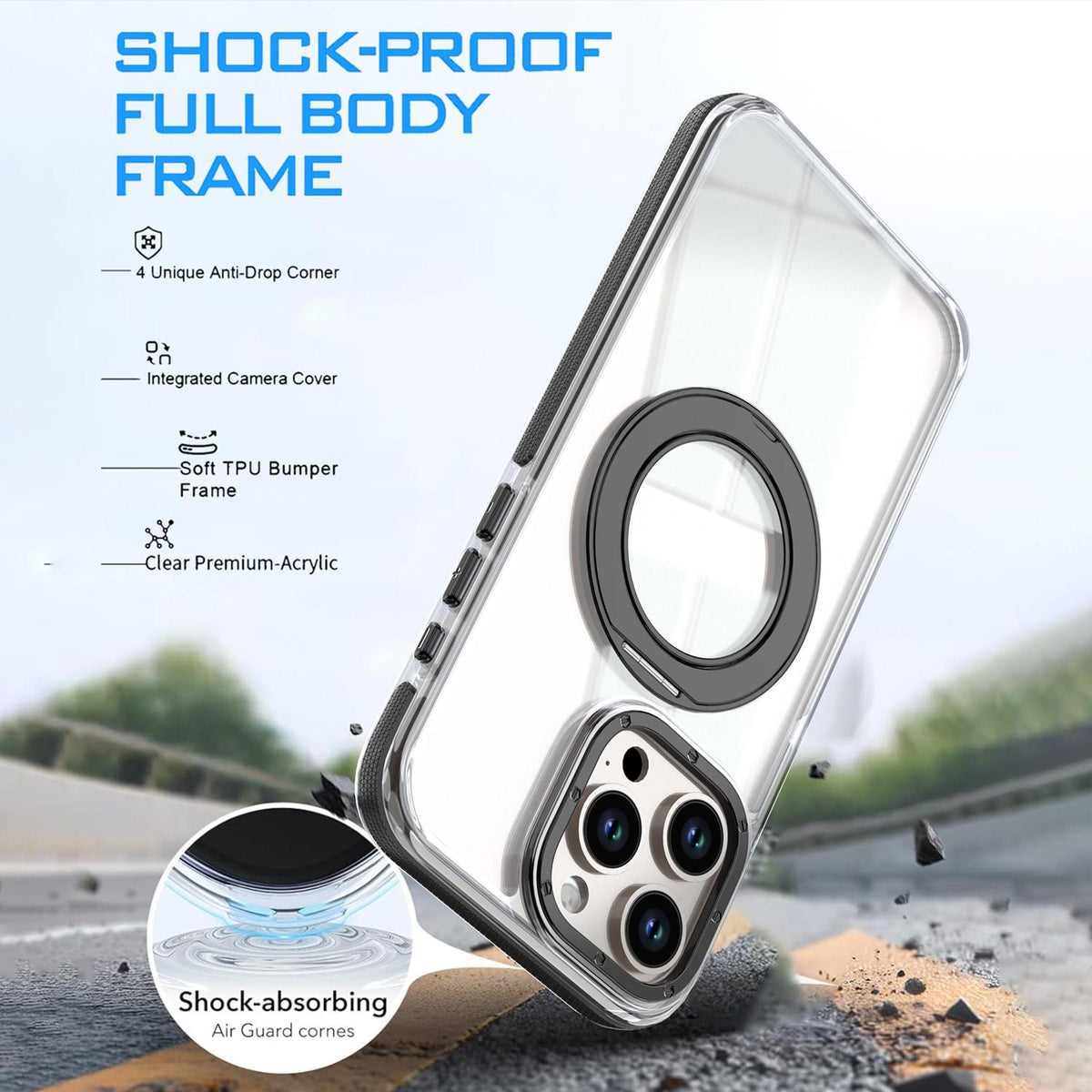 For iPhone 15 Pro Max Dual Color Clear 360 Degree Rotation Holder Magnetic Phone Case - Black - EDA009691609C