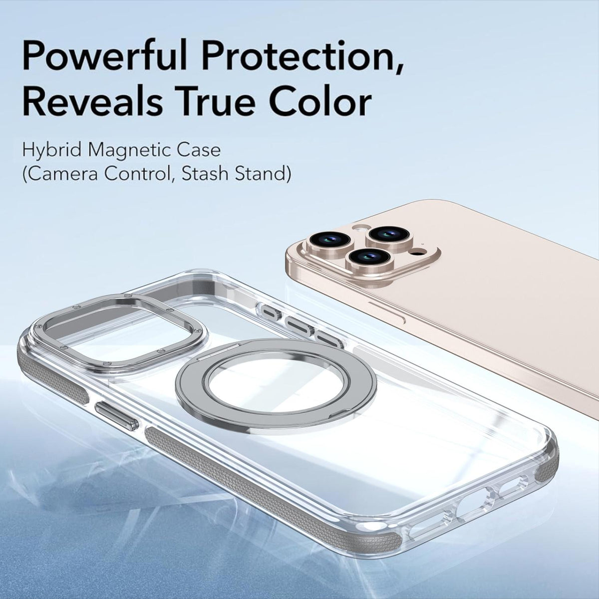 For iPhone 15 Pro Max Dual Color Clear 360 Degree Rotation Holder Magnetic Phone Case - Grey - EDA009691609D