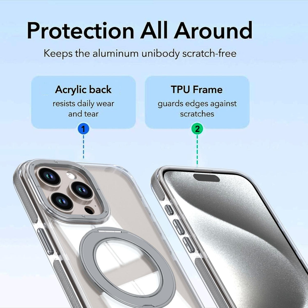 For iPhone 15 Pro Max Dual Color Clear 360 Degree Rotation Holder Magnetic Phone Case - Grey - EDA009691609D