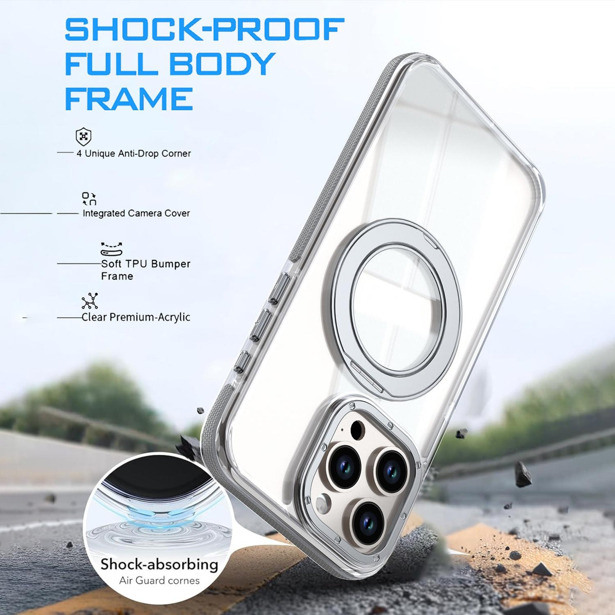 For iPhone 15 Pro Max Dual Color Clear 360 Degree Rotation Holder Magnetic Phone Case - Grey - EDA009691609D