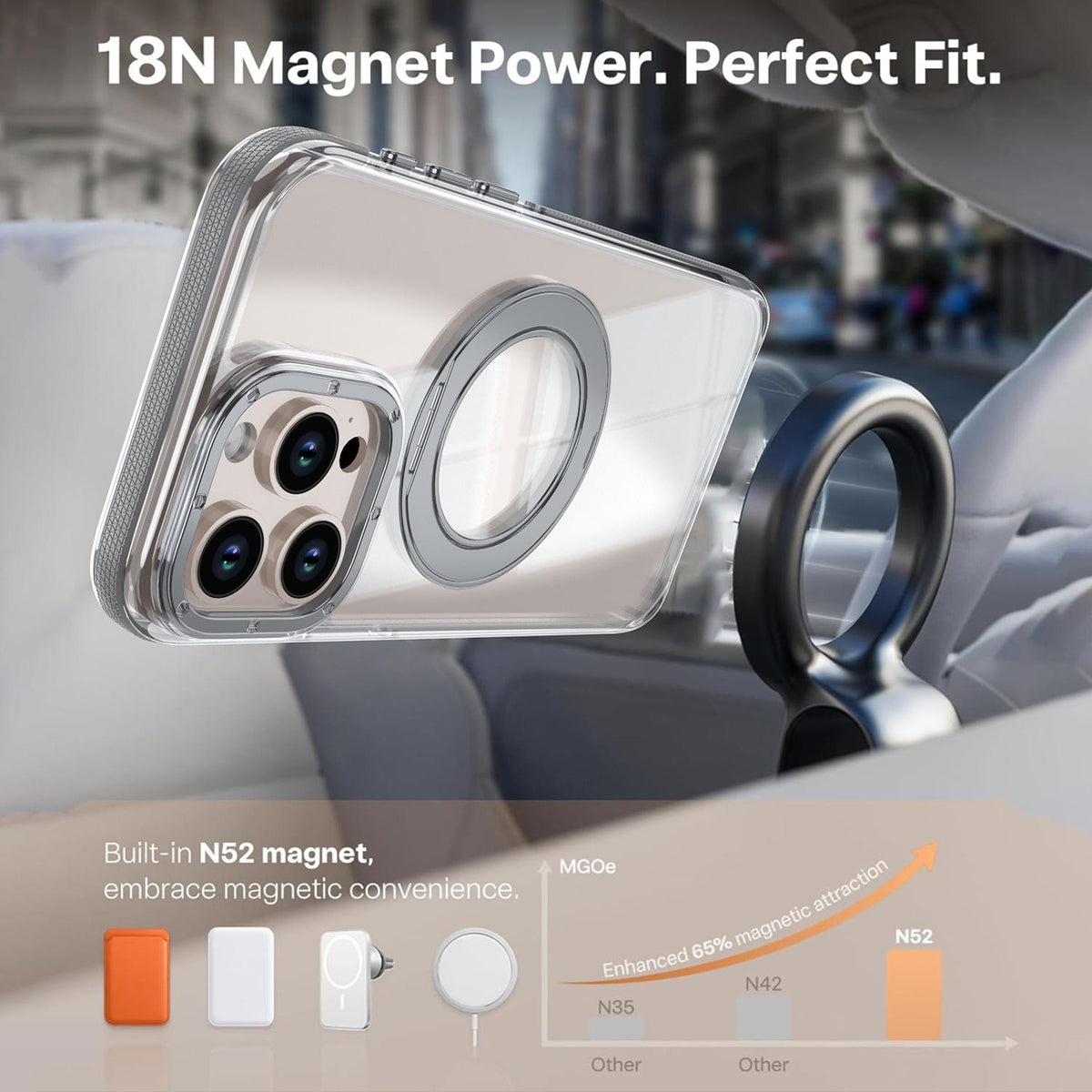 For iPhone 15 Pro Max Dual Color Clear 360 Degree Rotation Holder Magnetic Phone Case - Grey - EDA009691609D