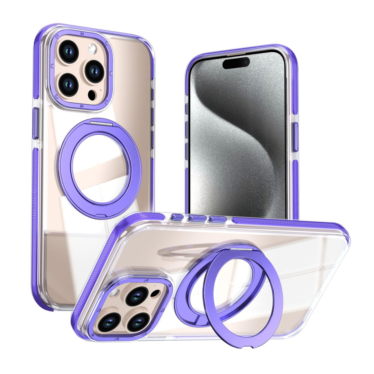 For iPhone 15 Pro Max Dual Color Clear 360 Degree Rotation Holder Magnetic Phone Case - Purple - EDA009691609E