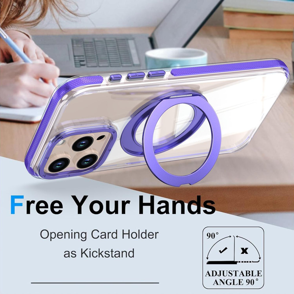 For iPhone 15 Pro Max Dual Color Clear 360 Degree Rotation Holder Magnetic Phone Case - Purple - EDA009691609E