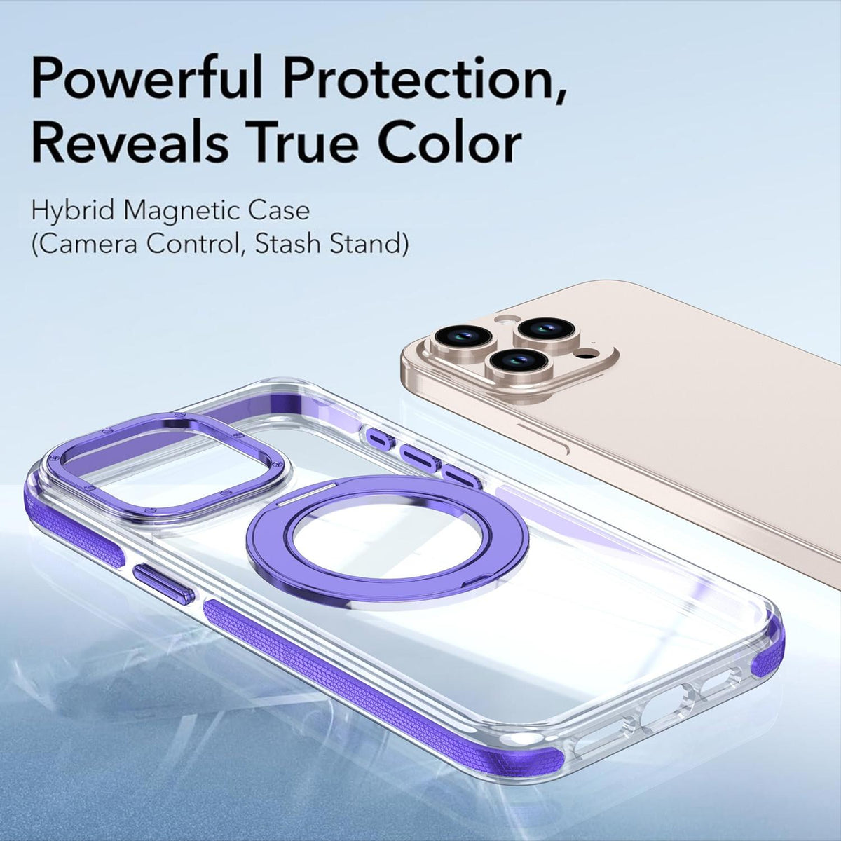 For iPhone 15 Pro Max Dual Color Clear 360 Degree Rotation Holder Magnetic Phone Case - Purple - EDA009691609E