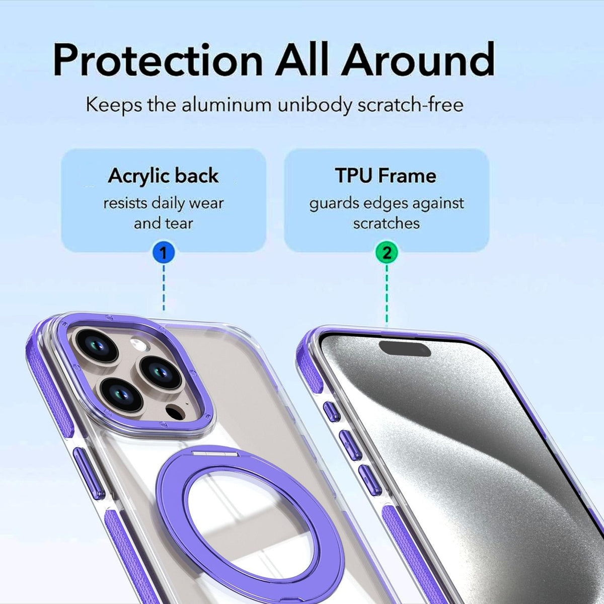 For iPhone 15 Pro Max Dual Color Clear 360 Degree Rotation Holder Magnetic Phone Case - Purple - EDA009691609E