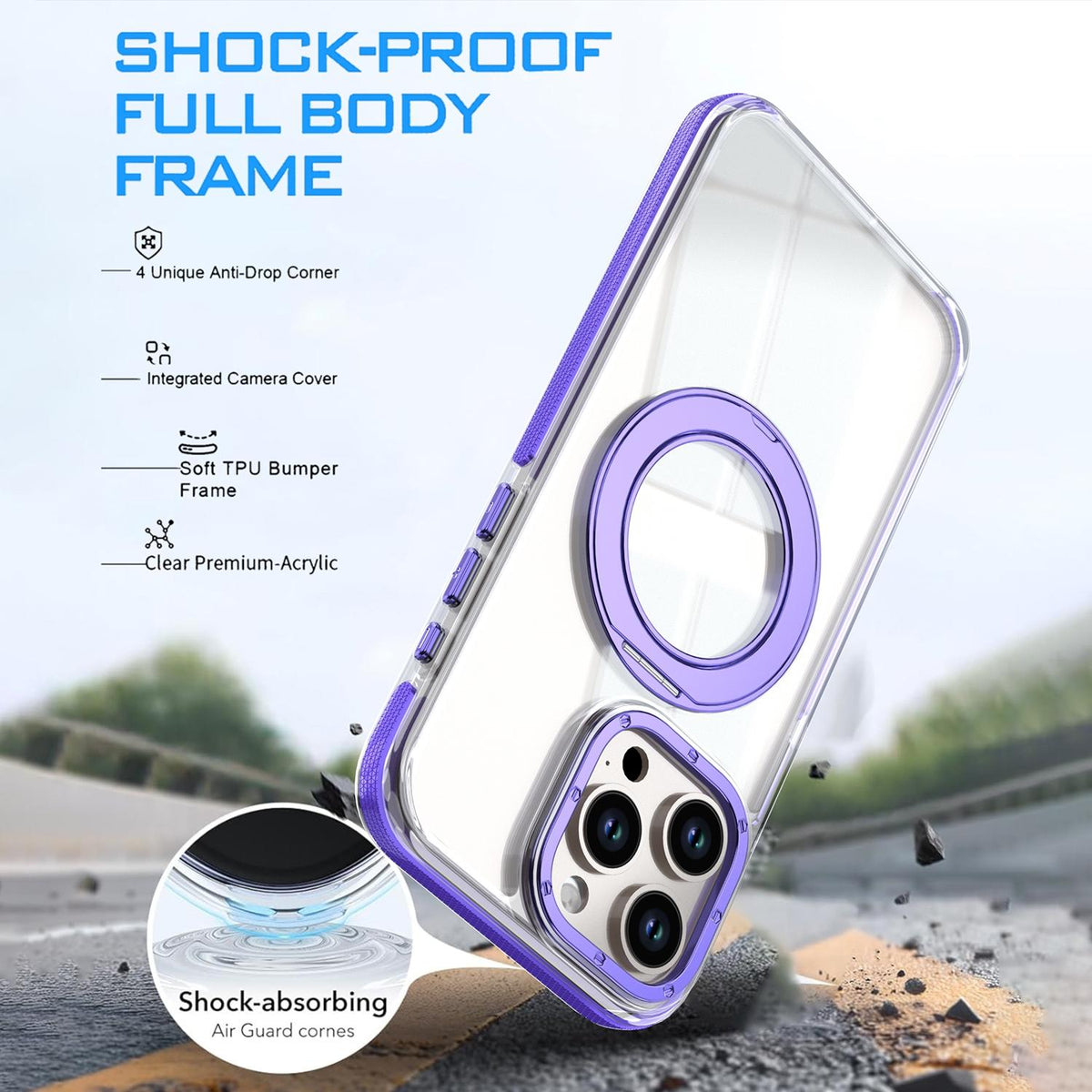 For iPhone 15 Pro Max Dual Color Clear 360 Degree Rotation Holder Magnetic Phone Case - Purple - EDA009691609E