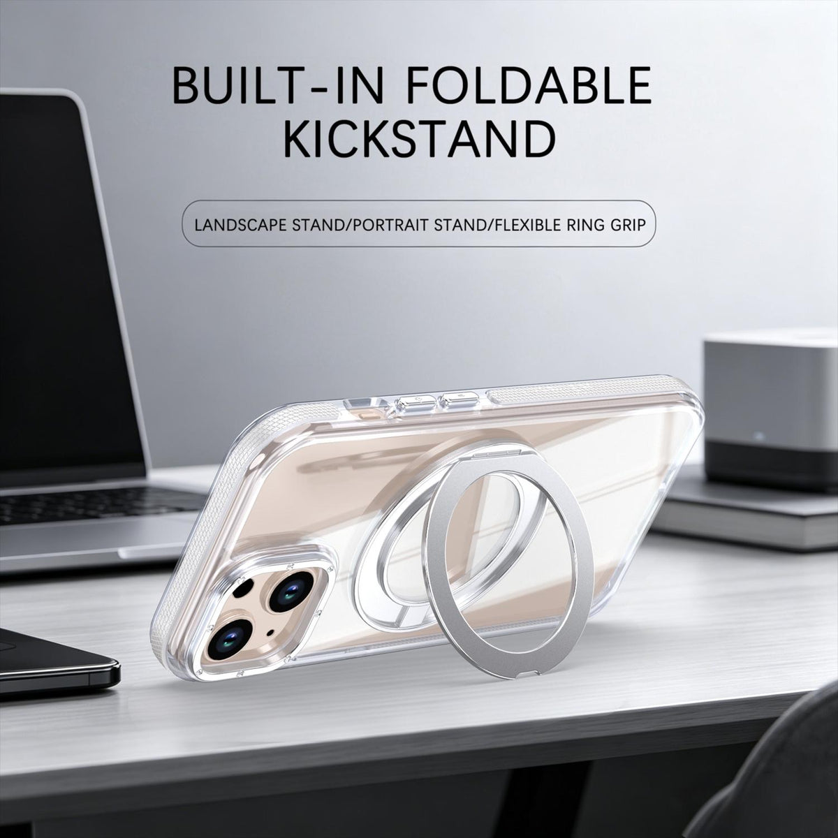 For iPhone 15 Dual Color Clear 360 Degree Rotation Holder Magnetic Phone Case - White - EDA009691612A