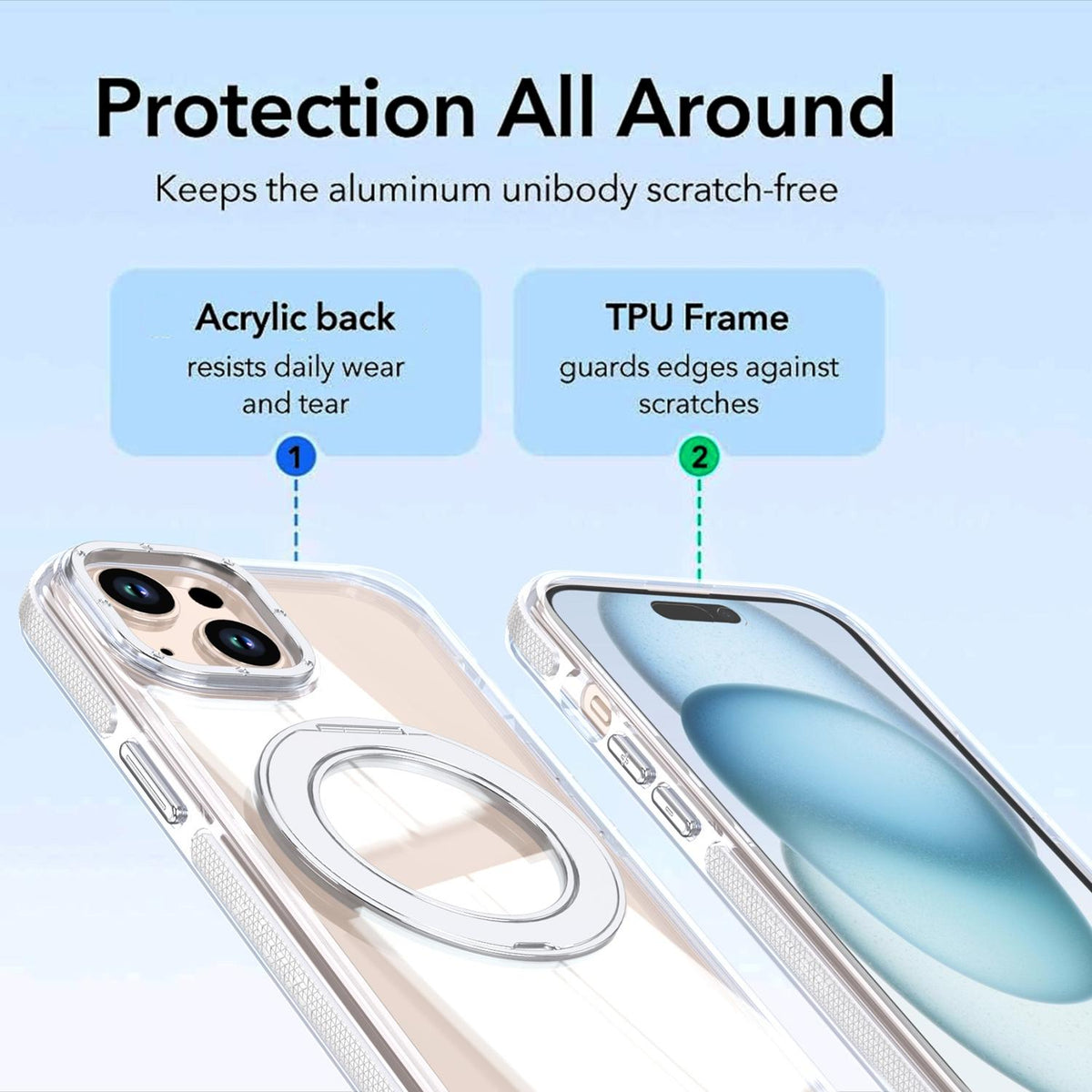For iPhone 15 Dual Color Clear 360 Degree Rotation Holder Magnetic Phone Case - White - EDA009691612A