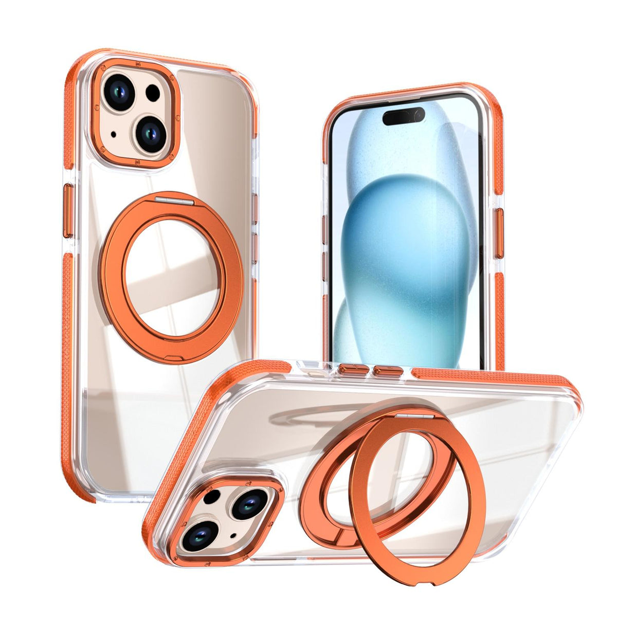 For iPhone 15 Dual Color Clear 360 Degree Rotation Holder Magnetic Phone Case - Orange - EDA009691612B