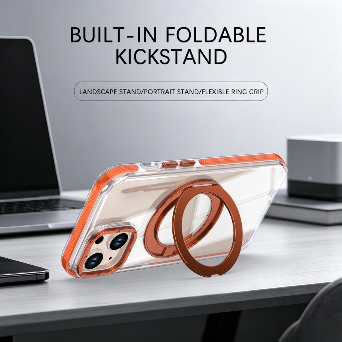 For iPhone 15 Dual Color Clear 360 Degree Rotation Holder Magnetic Phone Case - Orange - EDA009691612B