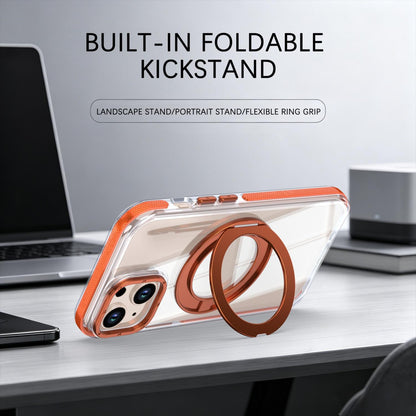 For iPhone 15 Dual Color Clear 360 Degree Rotation Holder Magnetic Phone Case - Orange - EDA009691612B