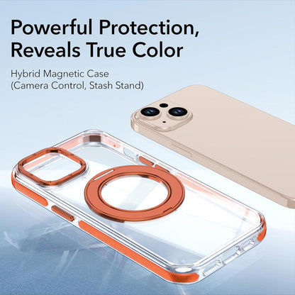 For iPhone 15 Dual Color Clear 360 Degree Rotation Holder Magnetic Phone Case - Orange - EDA009691612B