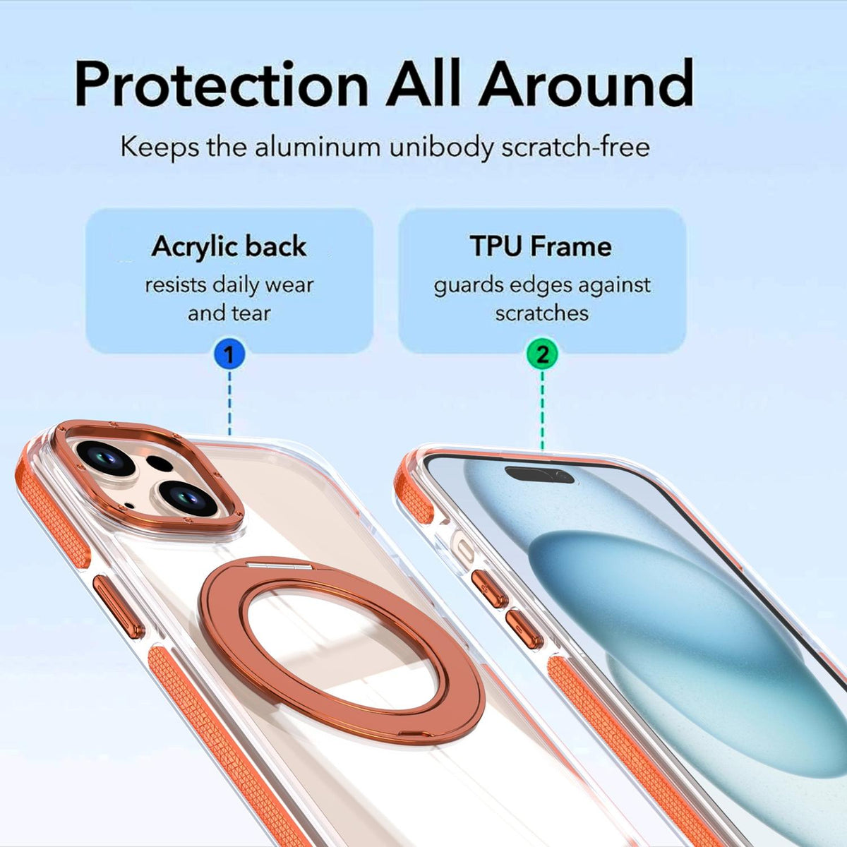 For iPhone 15 Dual Color Clear 360 Degree Rotation Holder Magnetic Phone Case - Orange - EDA009691612B