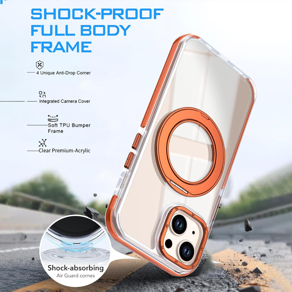 For iPhone 15 Dual Color Clear 360 Degree Rotation Holder Magnetic Phone Case - Orange - EDA009691612B
