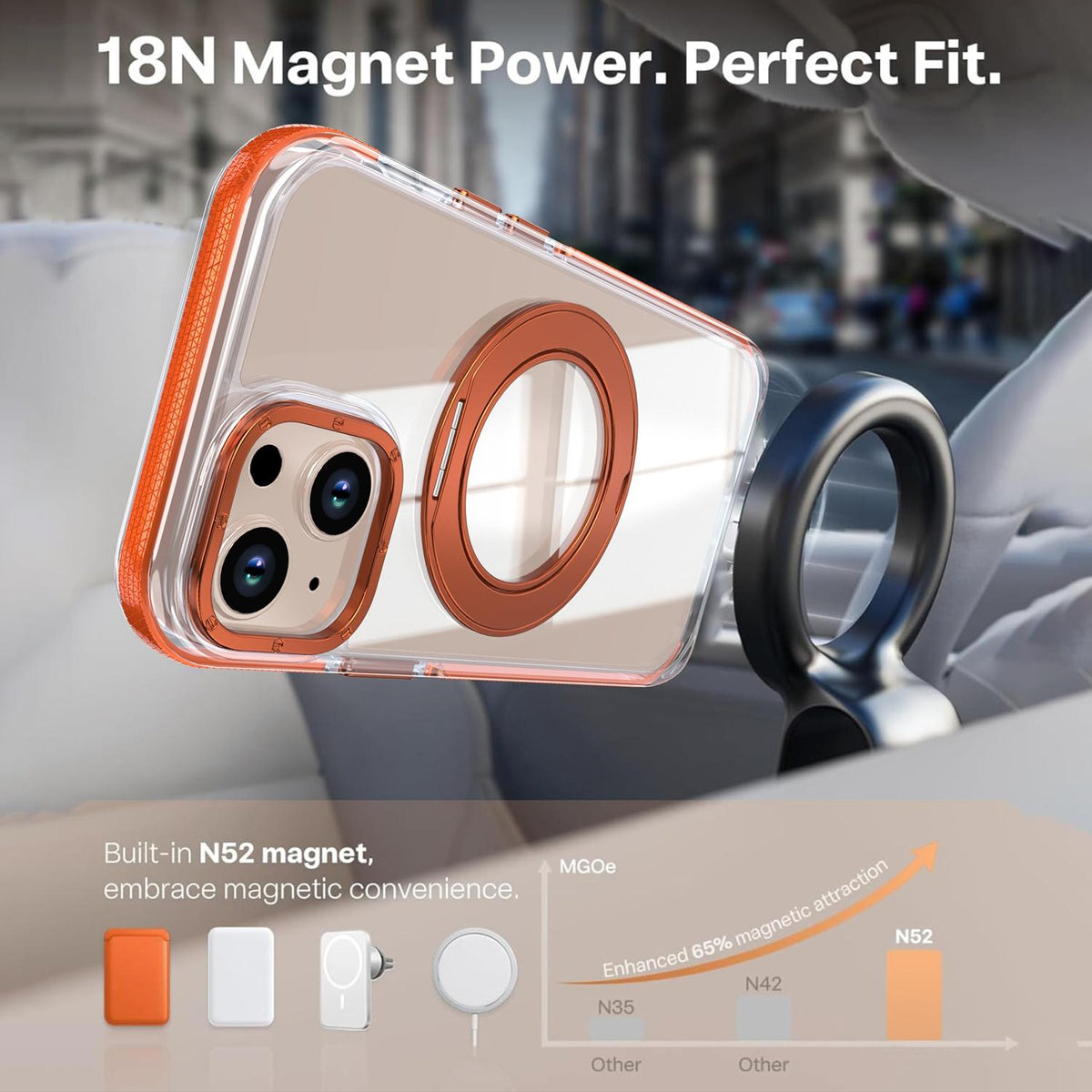 For iPhone 15 Dual Color Clear 360 Degree Rotation Holder Magnetic Phone Case - Orange - EDA009691612B