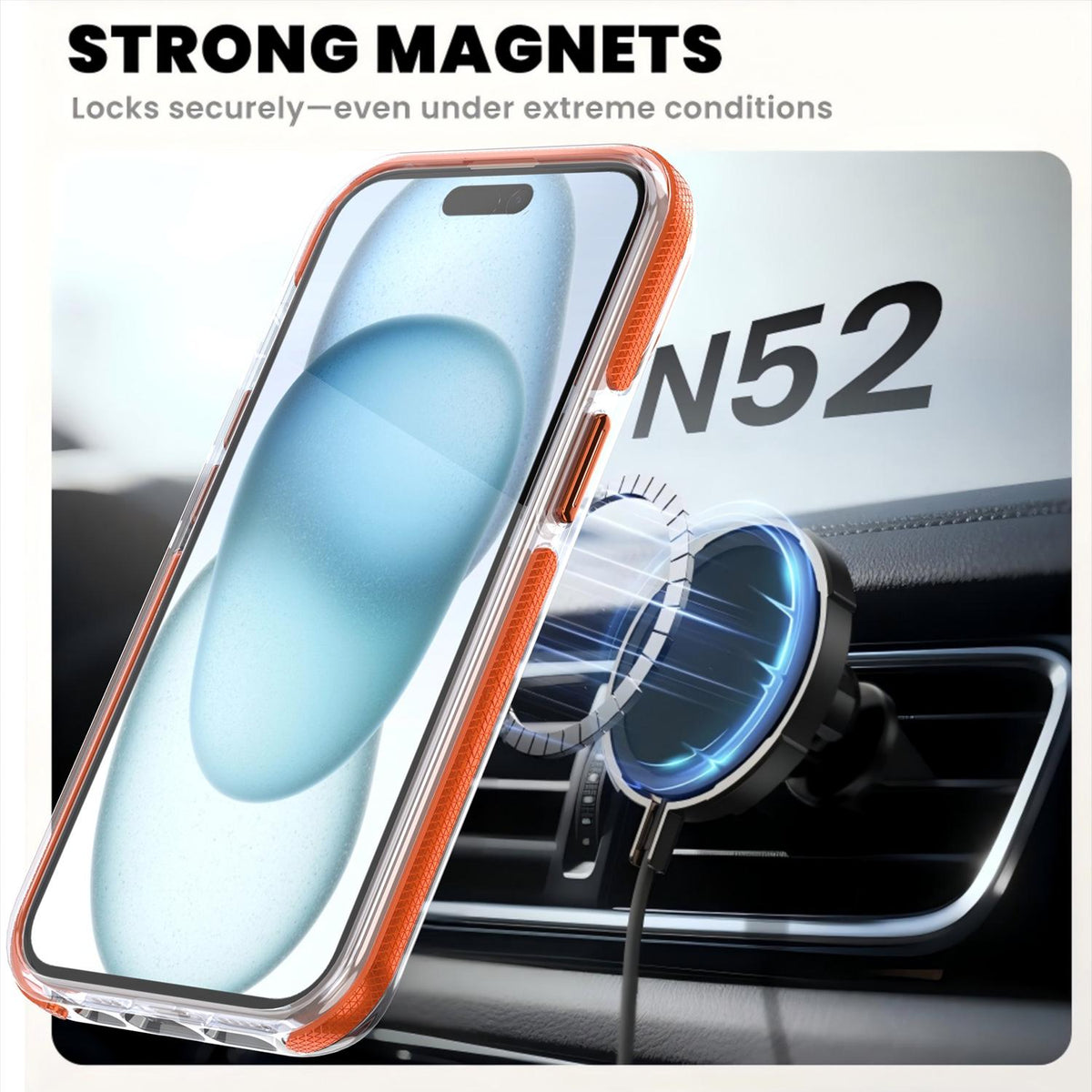 For iPhone 15 Dual Color Clear 360 Degree Rotation Holder Magnetic Phone Case - Orange - EDA009691612B