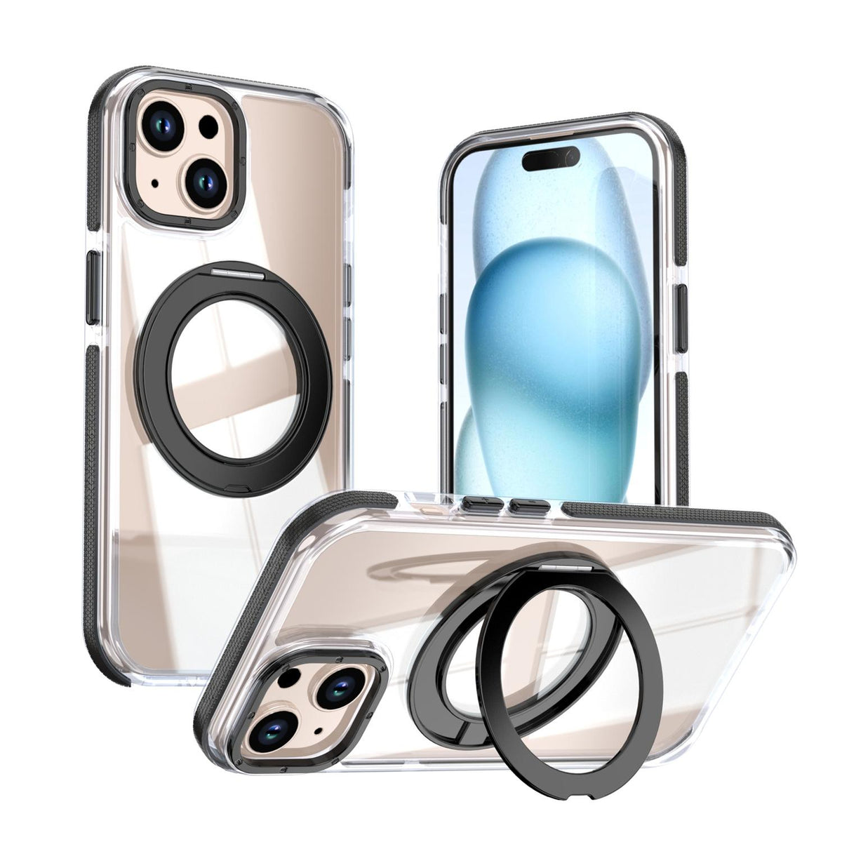 For iPhone 15 Dual Color Clear 360 Degree Rotation Holder Magnetic Phone Case - Black - EDA009691612C