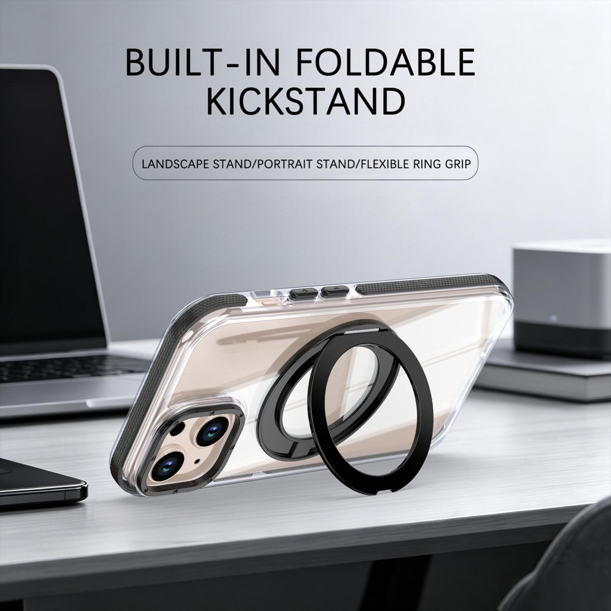 For iPhone 15 Dual Color Clear 360 Degree Rotation Holder Magnetic Phone Case - Black - EDA009691612C