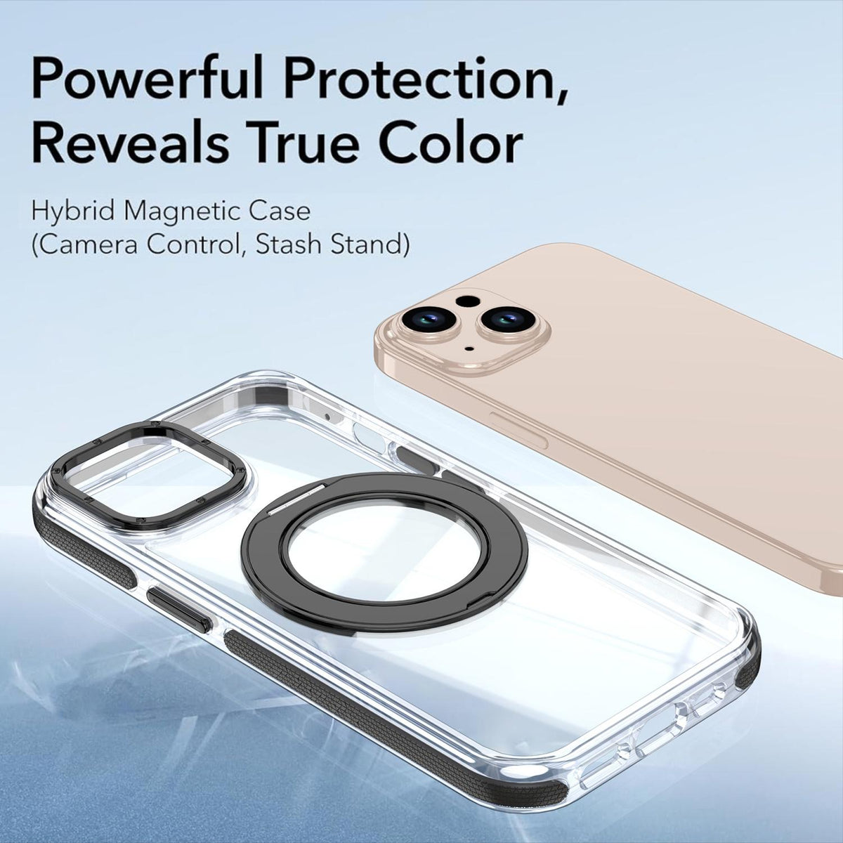 For iPhone 15 Dual Color Clear 360 Degree Rotation Holder Magnetic Phone Case - Black - EDA009691612C
