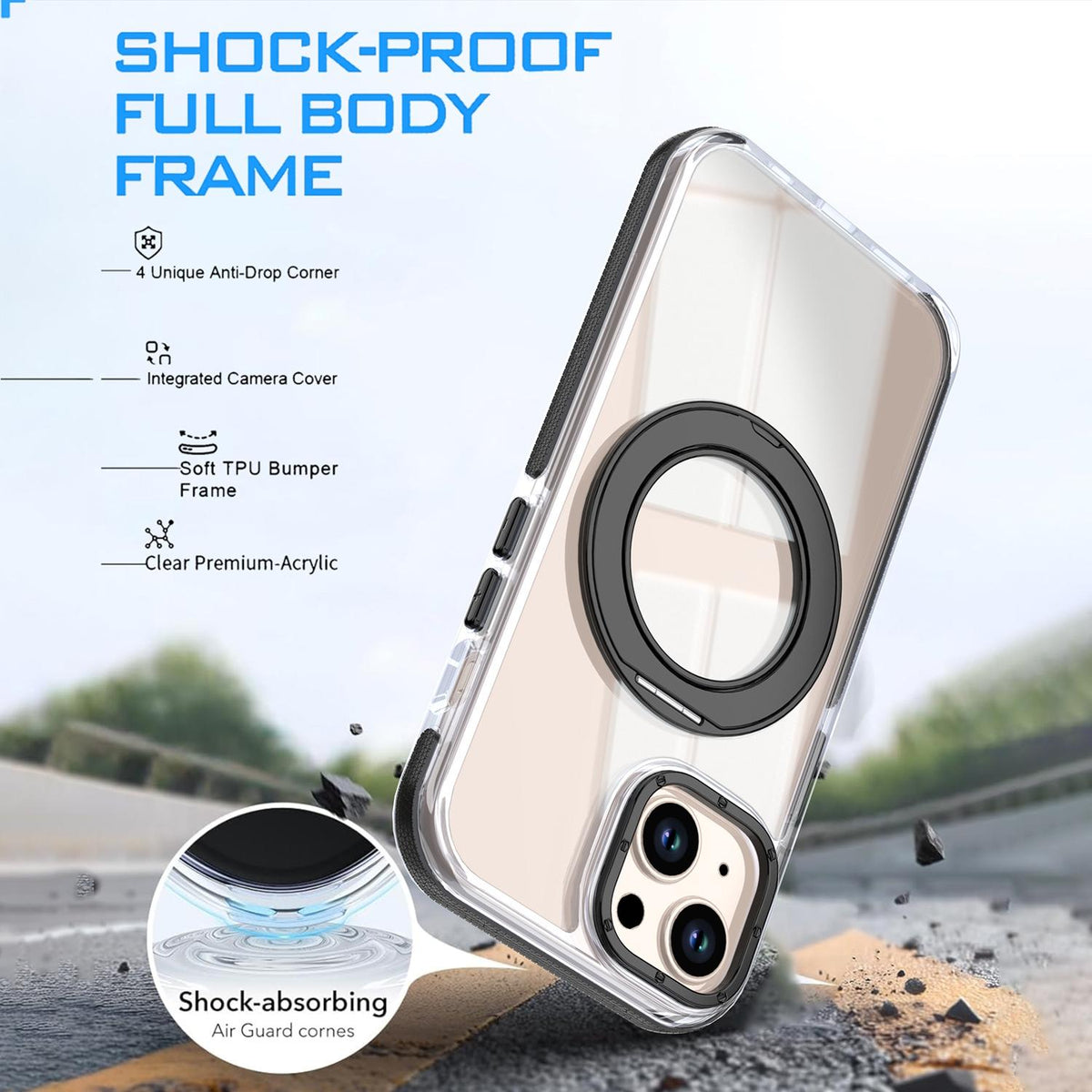 For iPhone 15 Dual Color Clear 360 Degree Rotation Holder Magnetic Phone Case - Black - EDA009691612C