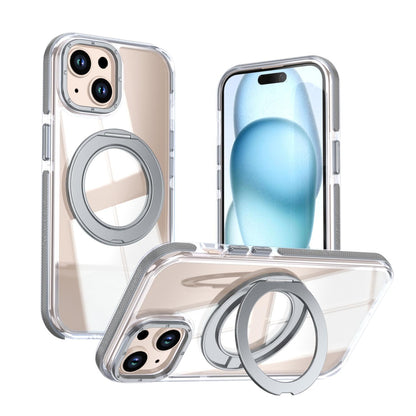 For iPhone 15 Dual Color Clear 360 Degree Rotation Holder Magnetic Phone Case - Grey - EDA009691612D