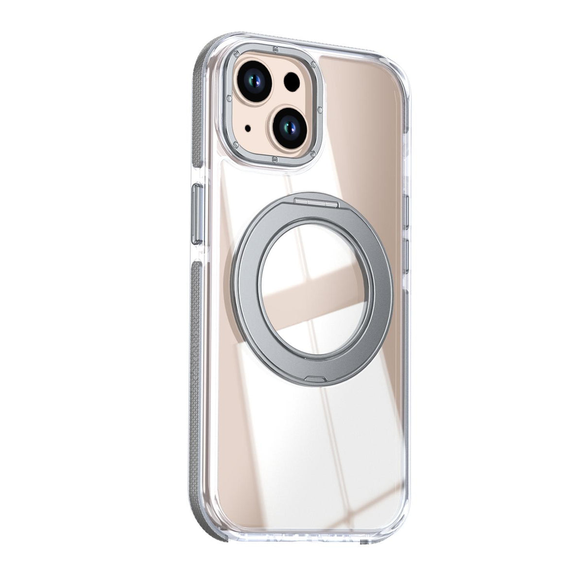 For iPhone 15 Dual Color Clear 360 Degree Rotation Holder Magnetic Phone Case - Grey - EDA009691612D