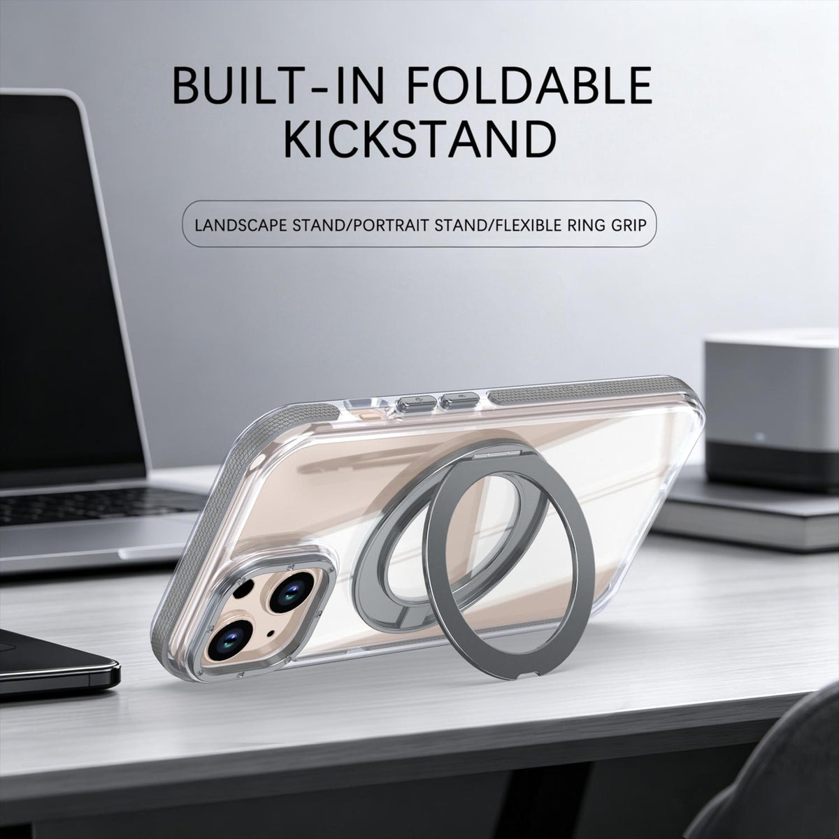 For iPhone 15 Dual Color Clear 360 Degree Rotation Holder Magnetic Phone Case - Grey - EDA009691612D