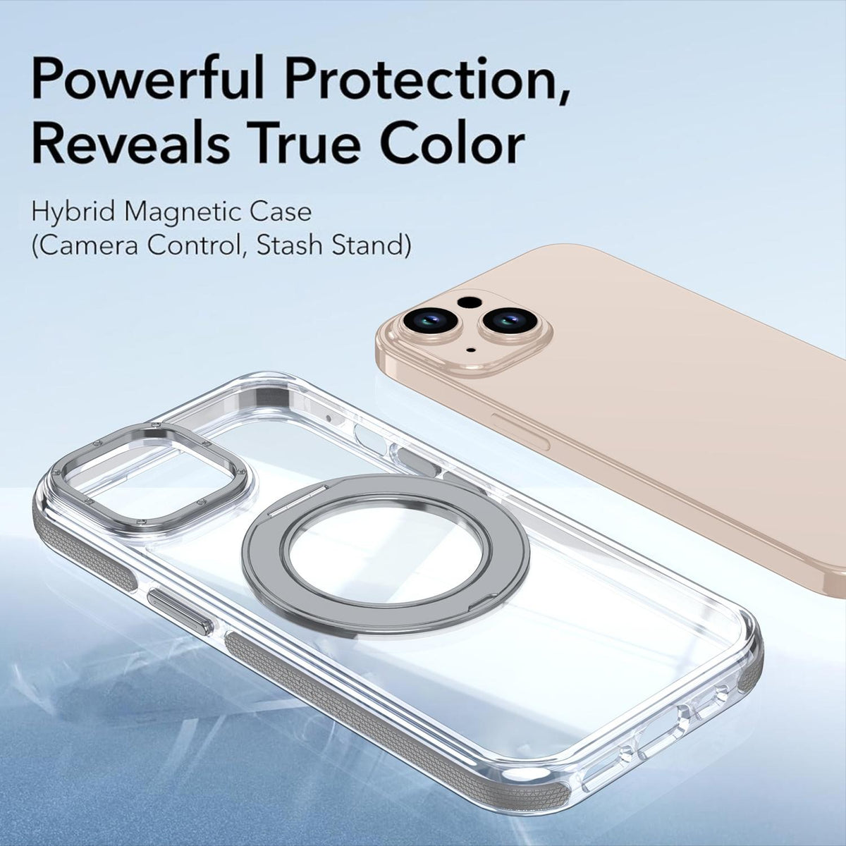 For iPhone 15 Dual Color Clear 360 Degree Rotation Holder Magnetic Phone Case - Grey - EDA009691612D