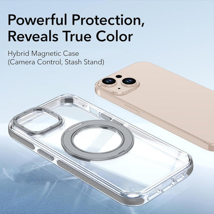 For iPhone 15 Dual Color Clear 360 Degree Rotation Holder Magnetic Phone Case - Grey - EDA009691612D