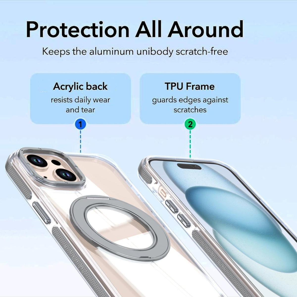 For iPhone 15 Dual Color Clear 360 Degree Rotation Holder Magnetic Phone Case - Grey - EDA009691612D