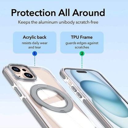 For iPhone 15 Dual Color Clear 360 Degree Rotation Holder Magnetic Phone Case - Grey - EDA009691612D