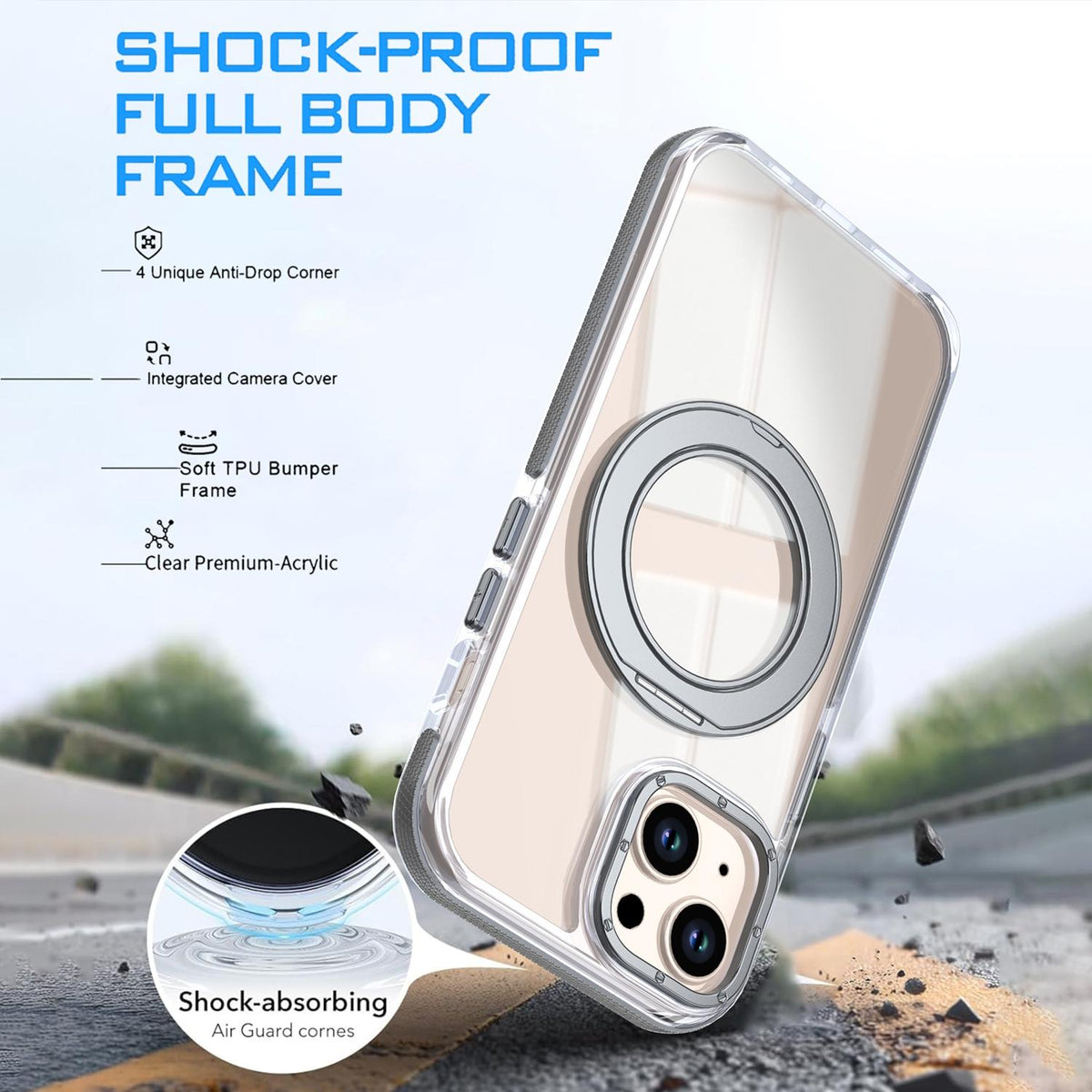 For iPhone 15 Dual Color Clear 360 Degree Rotation Holder Magnetic Phone Case - Grey - EDA009691612D