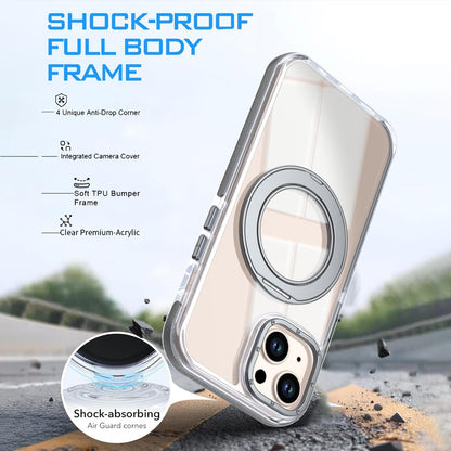 For iPhone 15 Dual Color Clear 360 Degree Rotation Holder Magnetic Phone Case - Grey - EDA009691612D