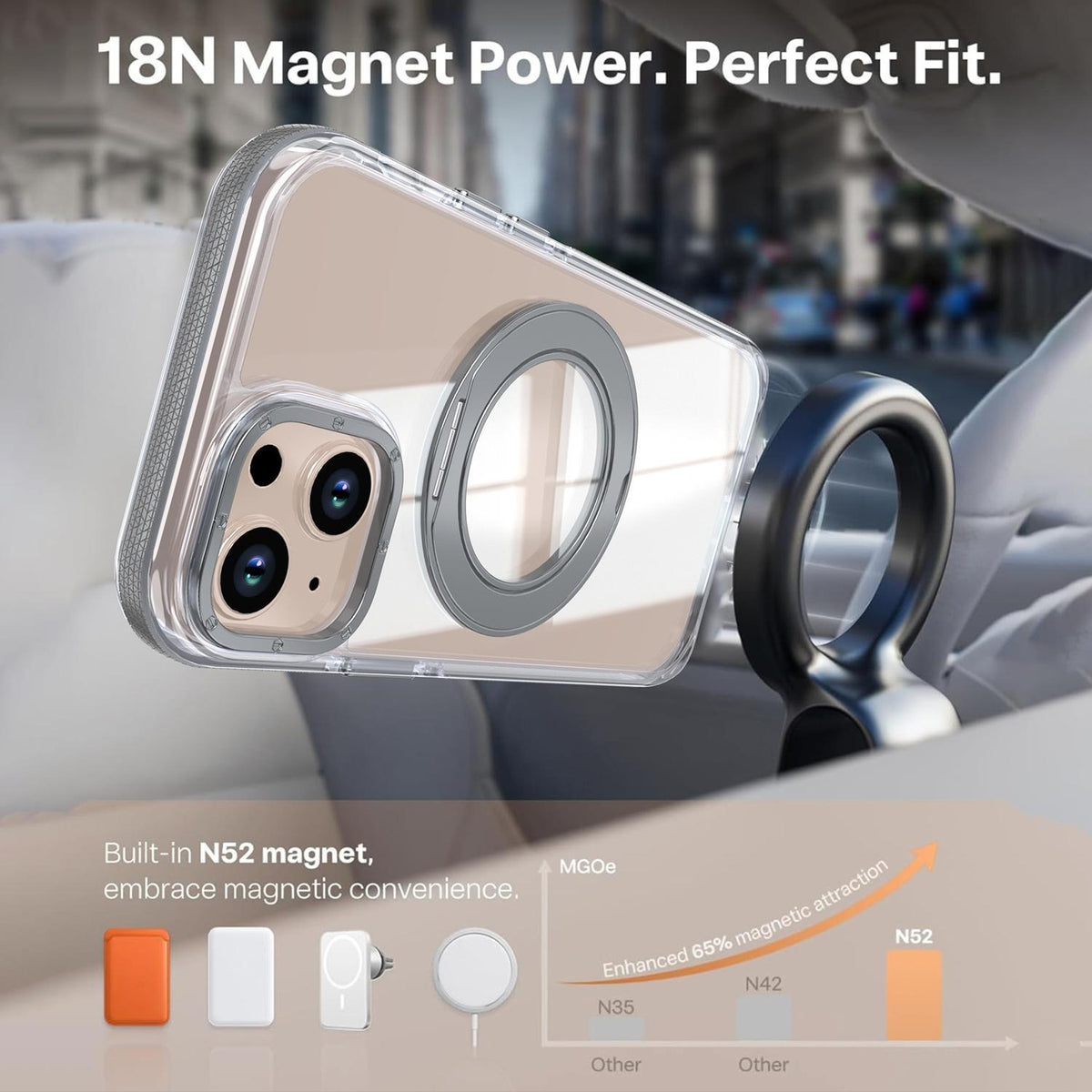 For iPhone 15 Dual Color Clear 360 Degree Rotation Holder Magnetic Phone Case - Grey - EDA009691612D